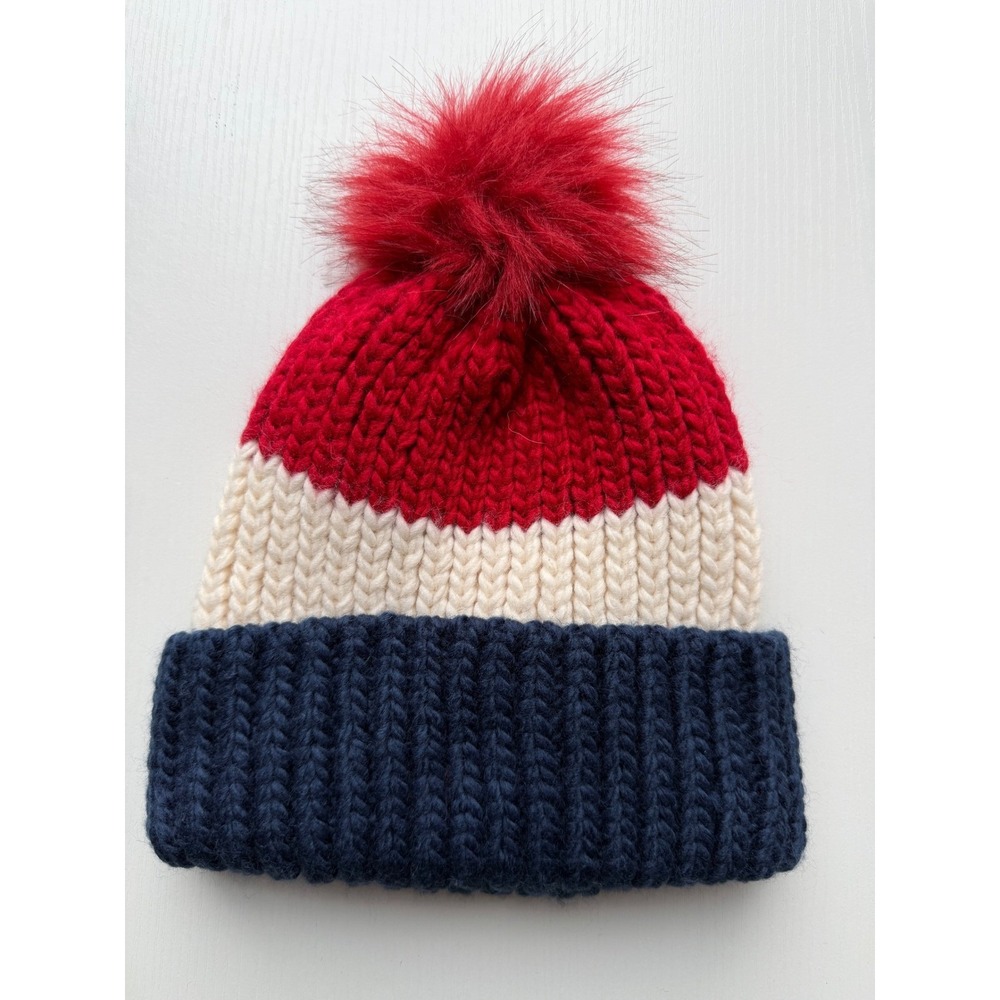 Forever 21 Red Cream Navy Stripe Pom Beanie Hat